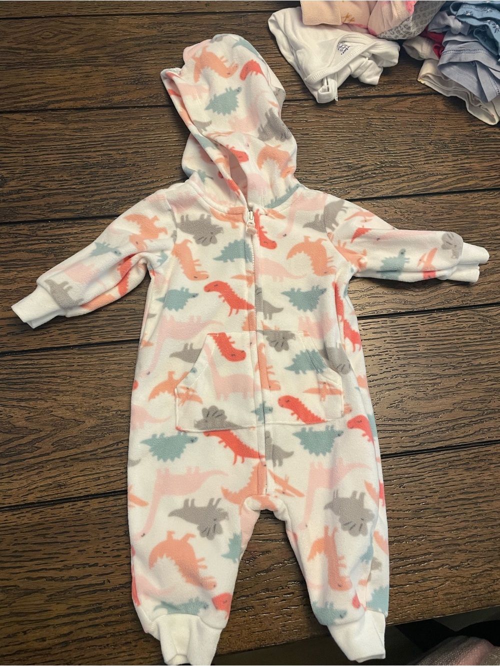 Carter's Hooded Fleece One-Piece in White with Coral, Gray, and Teal Dino Print